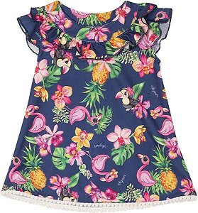 Vestido Flamingo para Bebê Azul Marinho Serelepe  5521