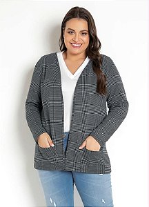 Casaco Blazer Feminino Alongado com Bolsos Plus Size Xadrez