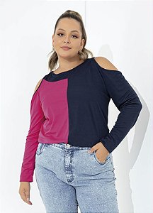 Blusa Feminina Plus Size Manga Longa e Vazadas Recortes