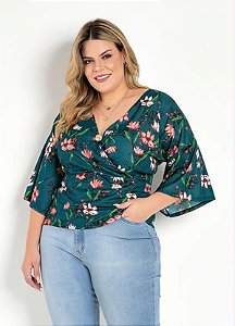 Blusa Feminina Transpassada Mangas Amplas Plus Size