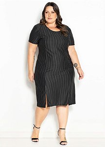 Vestido Midi Tubinho Malha Fio Tinto Risca de Giz Plus Size