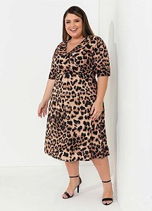 Vestido Feminino Plus Size em Helanca Transpasse Oncinha