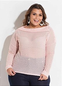 Blusa Plus Size Manga Longa Rendada Rosa