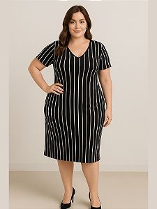 Vestido Feminino Midi em Malha Canelada com Elastano Plus Size