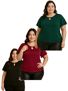 Kit 3 Blusas Femininas Helanca Mangas Curtas Amplas Plus Size