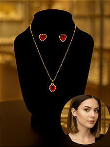 Conjunto Colar e Brinco Coração Zircônia - Folheado a Ouro 18K