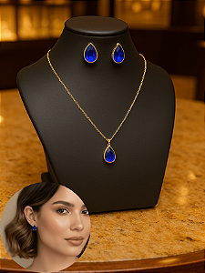 Conjunto Brinco e Colar Folheado a Ouro e Pingo Zircônia