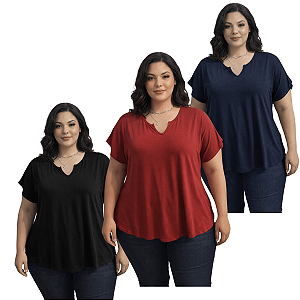 Kit 3 Blusas Femininas Soltinhas Manga Curta Viscolycra Várias Cores