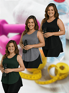 Kit 3 Regatas Femininas Fitness Alongadas e Soltinhas Plus Size