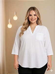 Camisa Feminina Branca Clássica Manga 3/4 em Viscolinho Plus Size