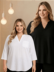 Kit 2 Camisas Alongadas e Soltinhas em Viscolinho Plus Size P&B