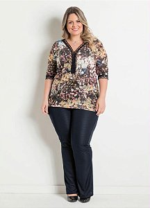 Blusa Plus Size Preta Estampa Floral