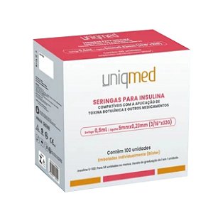 Seringas para Toxina e Insulina de 0,5ml (100 unidades) - 5mm x 32g - Uniqmed
