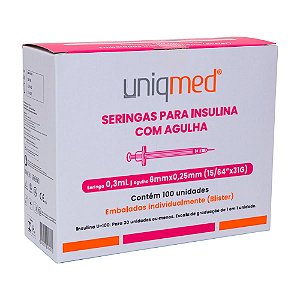 Seringas para Insulina Uniqmed 0.3mL Agulha 6mmx0.25mm - Caixa com 100 unidades (Blister individual)