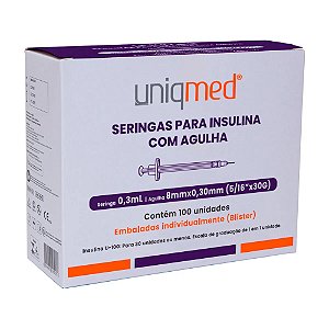 Seringas para Insulina Uniqmed 0.3mL Agulha 8mmx0.30mm - Caixa com 100 unidades (Blister individual)