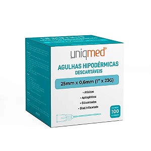Agulhas Hipodérmicas Descartáveis ​​Uniqmed 23G X 1 POL (25mmX0,60mm) - Caixa com 100 unidades