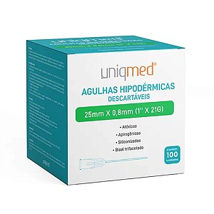 Agulhas Hipodérmicas Descartáveis ​​Uniqmed 21G X 1 POL (25mmX0,80mm) - Caixa com 100 unidades