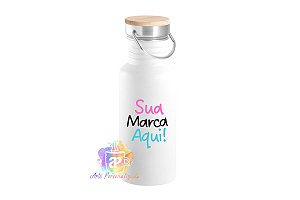 Garrafa Branca Inox Personalizada 350ml Com Tampa de Bambu Personalização Já Inclusa!