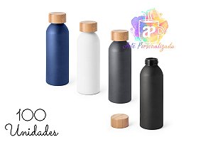 100 Squeezes Alumínio Mate Personalizados Com Tampa Bambu 500ml (Diversas Cores!) Personalização Já Inclusa!