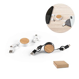 Cabo Retrátil Personalizado em Abs e Bambu - Personalização Já Inclusa! Mínimo 10 Unidades