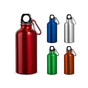 Garrafa esportiva personalizada em alumínio e acabamento metálico com mosquetão 400 mL - Mínimo 10 Unidades