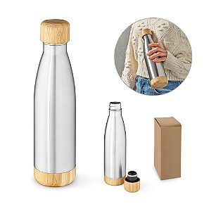 Garrafa personalizada em aço inox (90% reciclado) com tampa em bambu 550 mL - Mínimo 10 Unidades