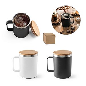 Caneca personalizada em aço inox (90% reciclado) com tampa em bambu 420 mL - Mínimo 10 Unidades