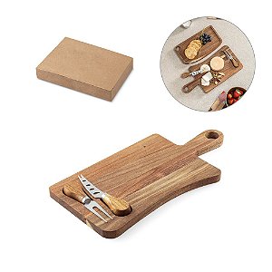 Tábua de queijos personalizada em madeira de acácia com 2 utensílios em madeira de acácia e aço inox - Mínimo 10 Unidades