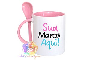 Caneca Com Colher Personalizada Colorida Porcelana Base Reta 325ml (Diversas Cores!) Personalização Já Inclusa!