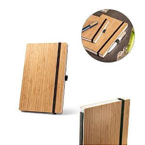 Caderno A5 personalizado de capa e contracapa em placa de bambu e lombada em poliéster 100% reciclado (100% rPET) - Mínimo 10 Unidades