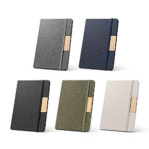 Caderno A5 personalizado em tecido poliéster 100% reciclado (100% rPET) com folhas pautadas - Mínimo 10 Unidades