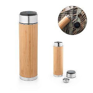 Squeeze térmico personalizado em aço inox reciclado e bambu com termómetro digital 430 mL - Mínimo 10 Unidades