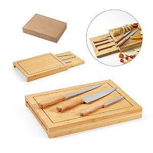 Conjunto de tábuas personalizada em bambu com 3 facas inclusas - Mínimo 10 Conjuntos