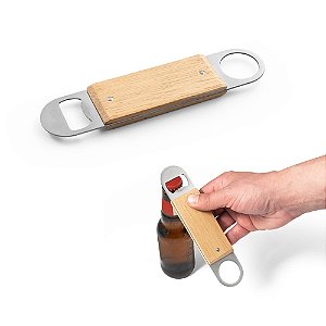 Abridor de garrafas duplo personalizado em aço inox com corpo em bambu - Mínimo 10 Unidades