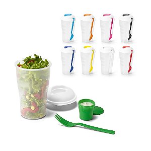Copo para salada personalizado em PP com garfo e molheira 850 mL - Mínimo 10 Unidades
