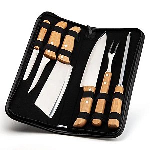 Kit De Facas Personalizado Inox E Bambu Com Garfo E Estojo - 7 Pçs - Mínimo 10 Unidades