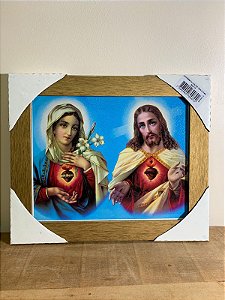 Quadro 20 x 25 moldura Dourada Sagrado Coração de Jesus e Imaculado Coração de Maria
