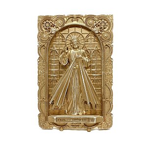 QUADRO RESINA JESUS MISERICORDIOSO 11 x 17 cm - HESED - DOURADO (BRINDE :aromatizador gota da Misericórdia)