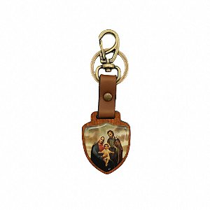 Chaveiro Escudo de Madeira Sagrada Família Ouro Velho