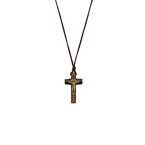Cordão Cruz Madeira Cilíndrica 6cm Chagas de Cristo São Bento Ouro Velho