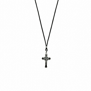 Colar Cruz Metal com Medalha São Bento Moldada Prata Velha Resinada