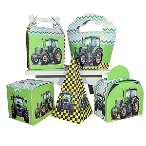 20 Caixinhas Tema Trator Construção Verde Sem Personalização