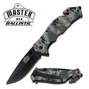 Canivete Master USA com abertura assistida, corta cinto, quebra vidro e talas em fibra de nylon Digital Marine Camo