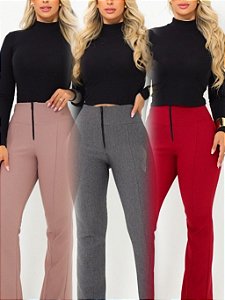 Linda Calça Flare Malha Pop Várias Cores/Estilo Alfaiataria/Calça Feminina com Zíper Forrado