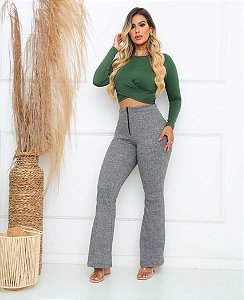 Calça Flare com Zíper e Bolsos Cinza Mescla