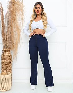 Calça Flare com Zíper e Bolsos Azul Marinho
