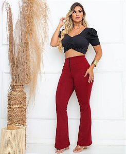 Calça Flare com Zíper e Bolsos Vinho