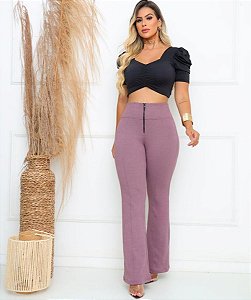 Calça Flare com Zíper e Bolsos Lavanda