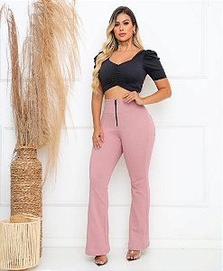 Calça Flare com Zíper e Bolsos Rosa