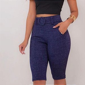 Bermuda Social Feminina Jacquard Linho com Cinto Fixo Azul Mescla